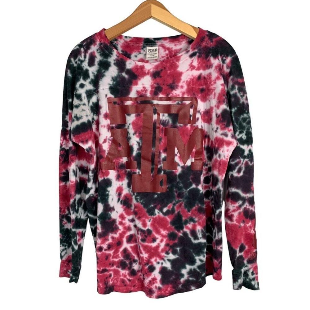 TEXAS A&M VICTORIAS SECRET PINK LONG SLEEVE TOP TIE DIE SMALL SWEATER MULTICOLOR